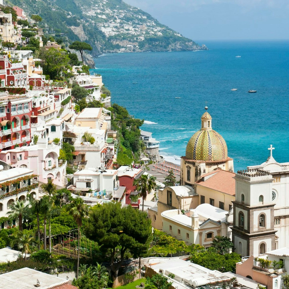 View of Positano with Chiesa di Santa Maria Assunta Church, Positano, Salerno, Amalfi Coast, Campania, Italy - stock photo
